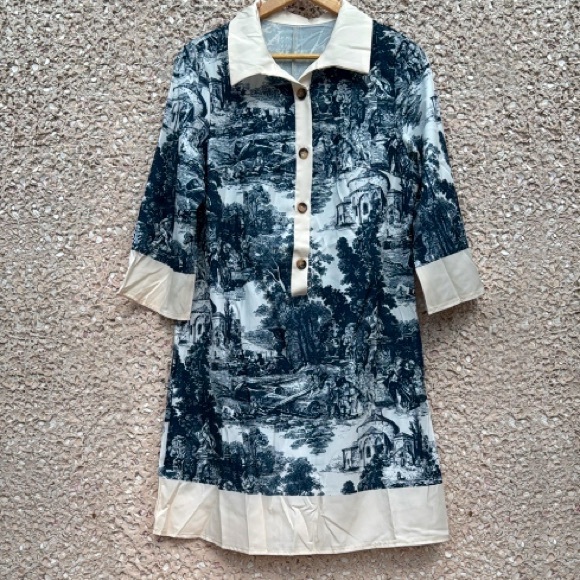 Toile Shirt Dress in Garden Club Print Silky Fabric - Picture 5 of 6